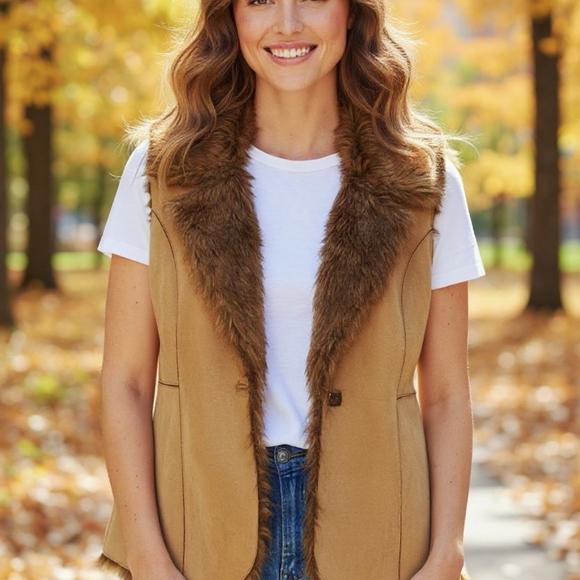 Fever -Vintage Faux Fur, Full Vest Polyester Suede, Size L Tan, 1 Button Closure - Picture 1 of 16
